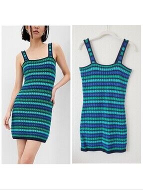 GAP Blue Green Stripe 100% Cotton Crochet Mini Dress XS 90s Style Y2K Festival
